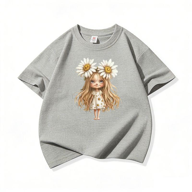 Kids Cotton T Shirt White Daisy Girl Print Crew Neck Short Sleeve Tee Casual Breathable Boys Girls Summer Tops