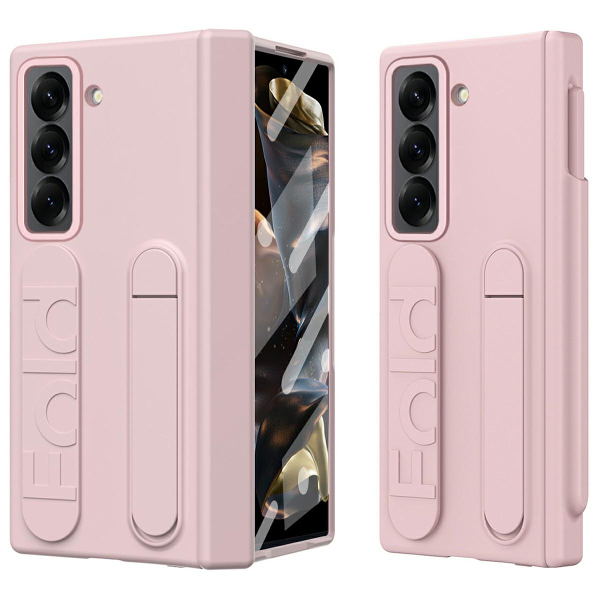 

Тонкий чехол-подставка с ремешком для Samsung Galaxy Z Fold 6, ПК чехол для телефона с пленкой из закаленного стекла Pink
