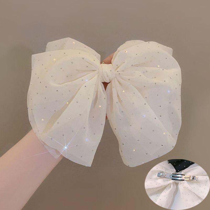 Elegant Temperament Mesh Hair Clip for Woman Rhinestone Large Bow Hairpin Fashion Girl Duckbill Clip