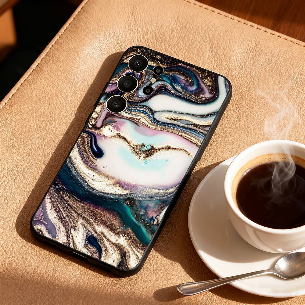 G-Glitter Art Marble Pattern Phone Case For Samsung S26,S25,S24,S21,S22,S23,S30,Ultra,S20,FE,Lite,10,9,Black Cover