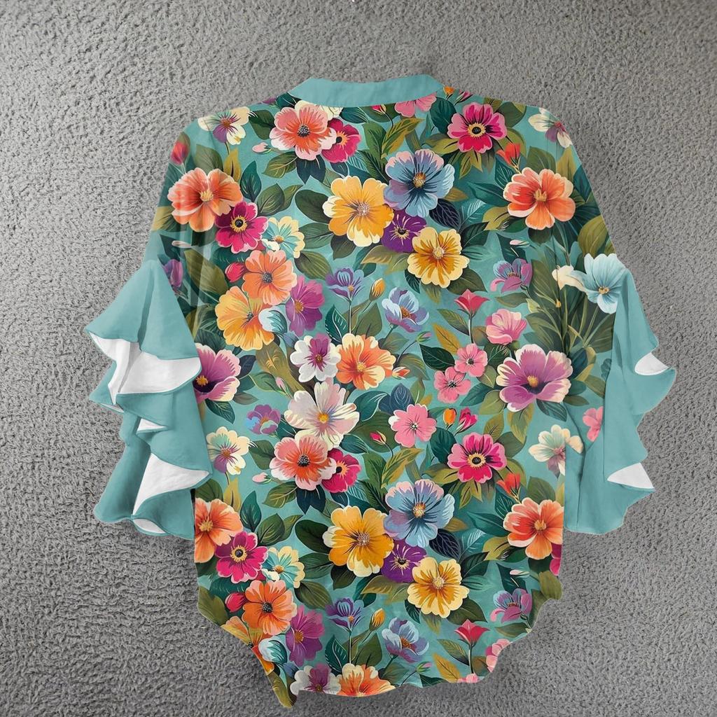 Summer Women's Tops V-Neck Seven Sleeve Shirt Spring Summer Floral Printed Tops Casual Shirt