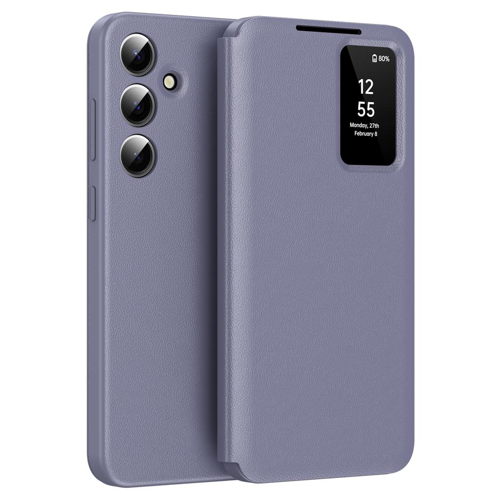 Funda de cuero para teléfono Samsung Galaxy S25+ con ventana de visualización y ranura para tarjetas