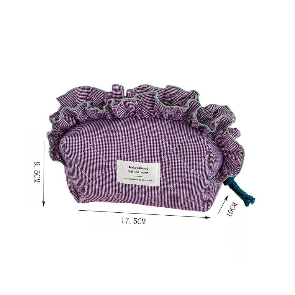 Portable Vintage Gingham Cosmetic Makeup Bag Organizer Large Capacity Cosmetic Pouch Ruffled Edges Sweet Lace Clutch Daily Use