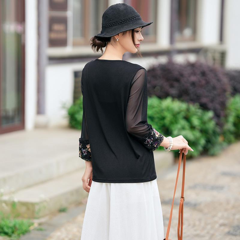 2025 Crew Neck Embroidery T-Shirt: Versatile Spring/Autumn Solid Color Top