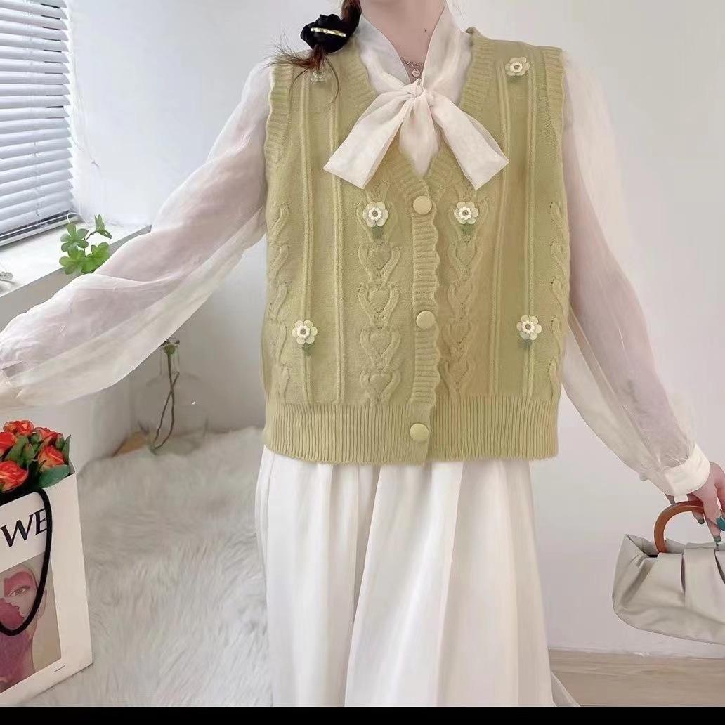 

Retro Casual V-neck Vest Cardigan for Women Autumn New Style Chic Small Flower Short Knitted Vest 3XL grass зелений колір