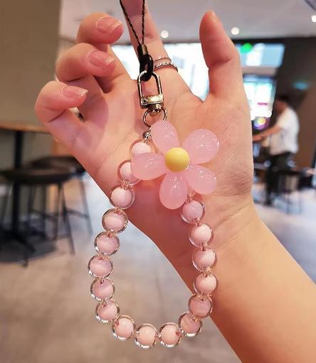 Hot Selling Colorful Fashion Women's Hanging Chain Ring Code Wrist Strap Clip Cute Flower Bead Mobile Phone Lanyard