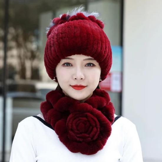Neue Mode Frauen Winter Echte Rex Kaninchen Pelzmütze Schal Natürliche Weiche Rex Kaninchen Pelz Kappe Schals Sets Für Dame Im Freien warm halten