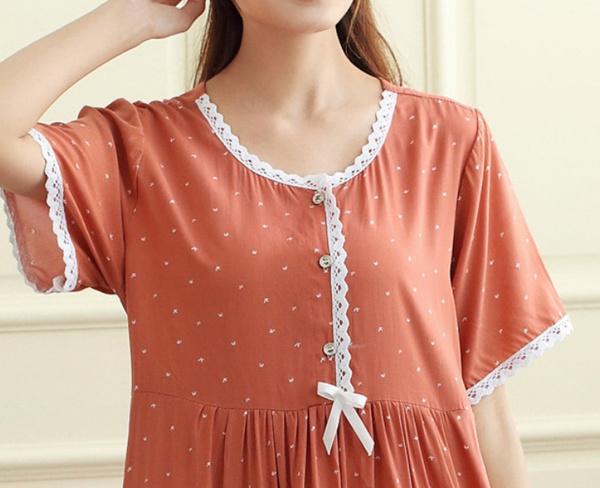 Nouă cămașă de noapte de vară pentru femei, din bumbac, cu mânecă scurtă, cămașă de noapte respirabilă cu buline