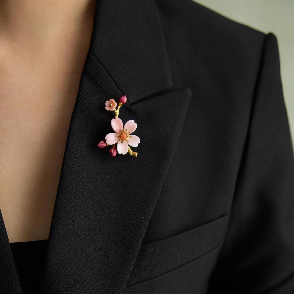 Pink Plum Blossom Brooch: Exquisite 925 Silver with Southern Red Mother-of-Pearl, Chinese National Style