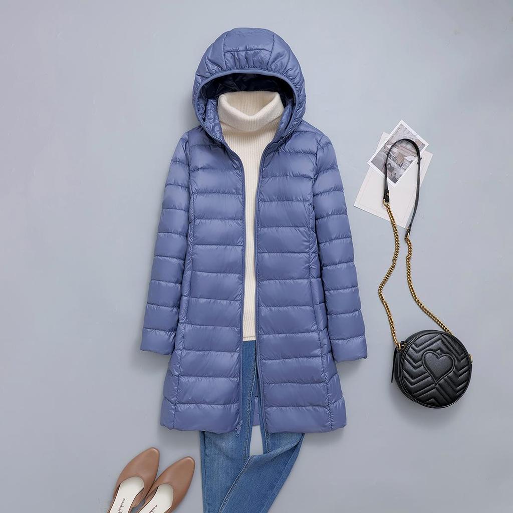 FASHION Lett dunjakke, middels lang, fet, ekstra størrelse, avtagbar hette for kvinner Lett ultratynn jakke tidevannsklær