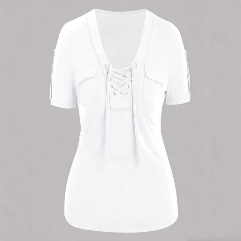 Women S Casual Short Sleeve V Neck Lace Up Solid Color T Shirt