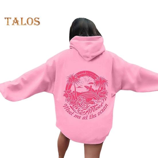 

Женская толстовка с капюшоном на осень и весну Everything Comes in Waves, розовый спортивный топ с длинными рукавами и графикой, свободный повседневный пуловер с карманом S розовый