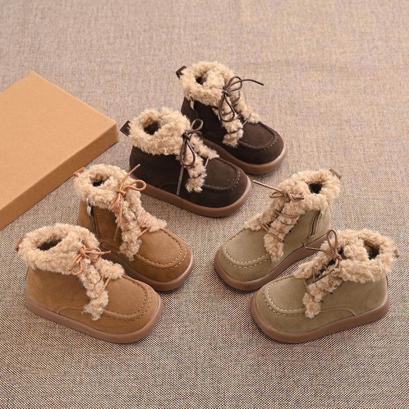 Winter Children Thick Sole Suede Snow Boots Girls Casual Warm Anti-slip Cotton Shoes Casual Outdoor Flat Footwear