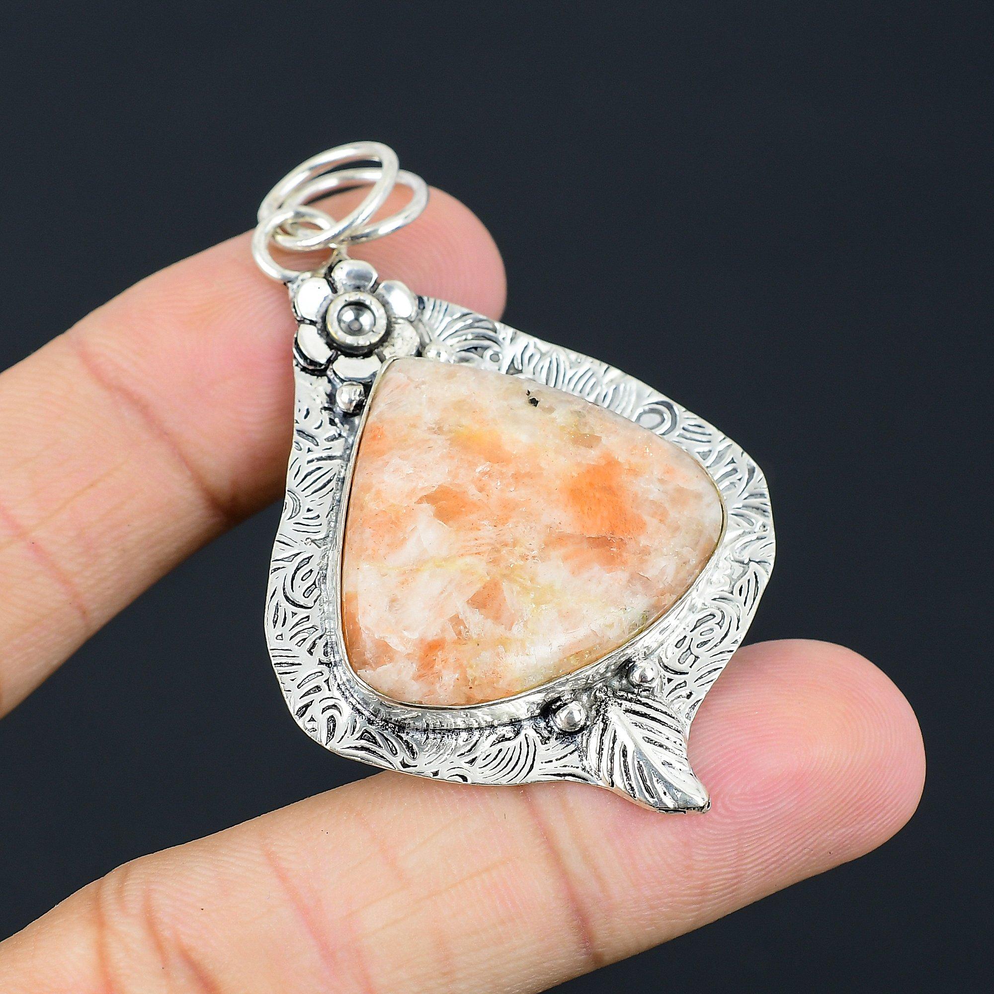 Wedding Gift For Her 925 Silver Natural Sunstone Gemstone Pendant Flower