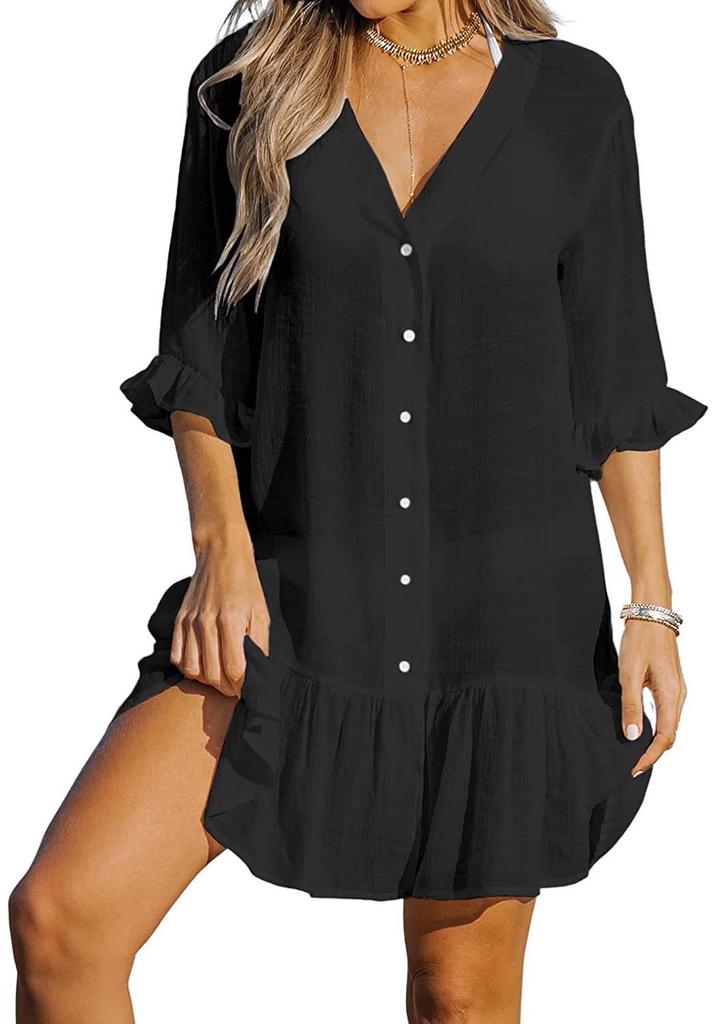 2023 Summer V-neck Ruffle Beach Dress: Solid Color, Sun Protection Cover-up for Women