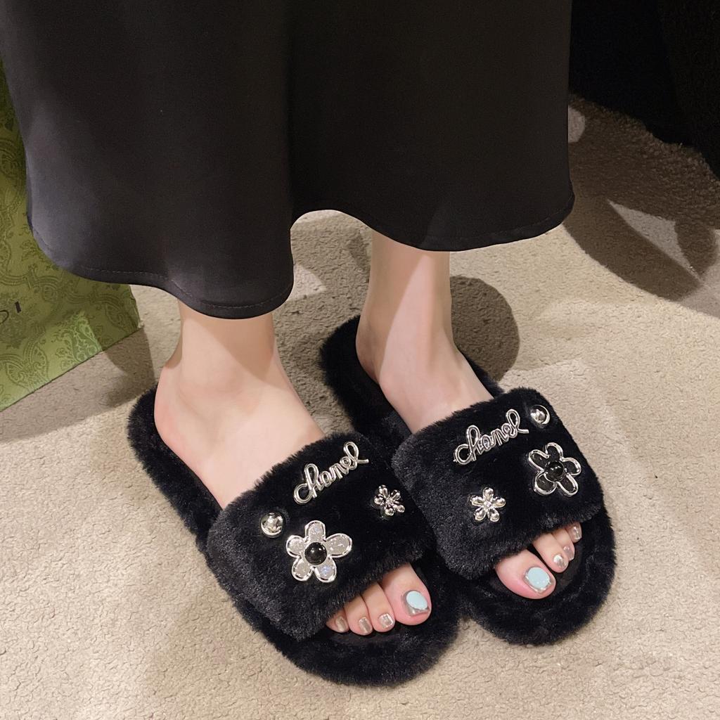 Handmade Mao Mao shoes one-word cotton mop 2025 popular household cotton slippers women wear non-slip flat plush slippers