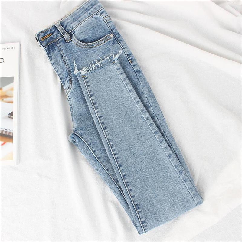 

Women s Light Blue High-Waisted Slimming Stretch Denim Jeans - Summer 2025 Collection, Raw Hem Skinny Pencil Pants 31