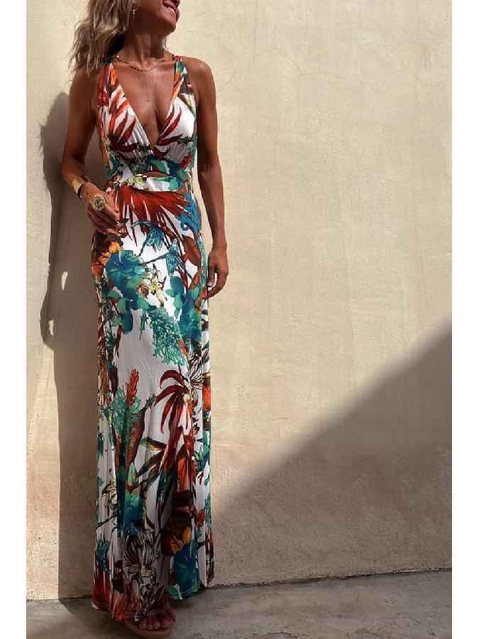 2023 European & American Sexy Print Spaghetti Strap Vacation Dress for Women