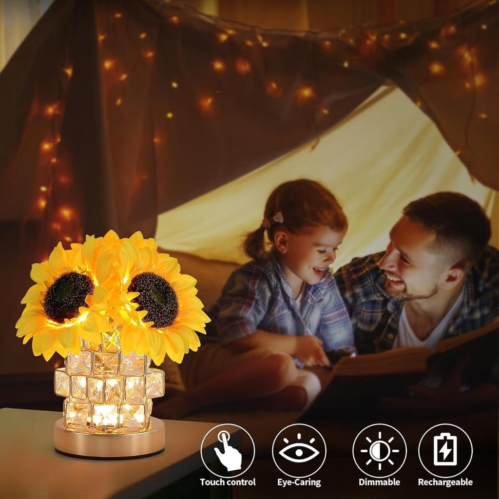 Sunflowers Flower Lamp Rechargeable Cordless Touch 3-Colour Infinitely Dimming Small Night Light Crystal Table Lamp Gifts for Women,Home Decor.