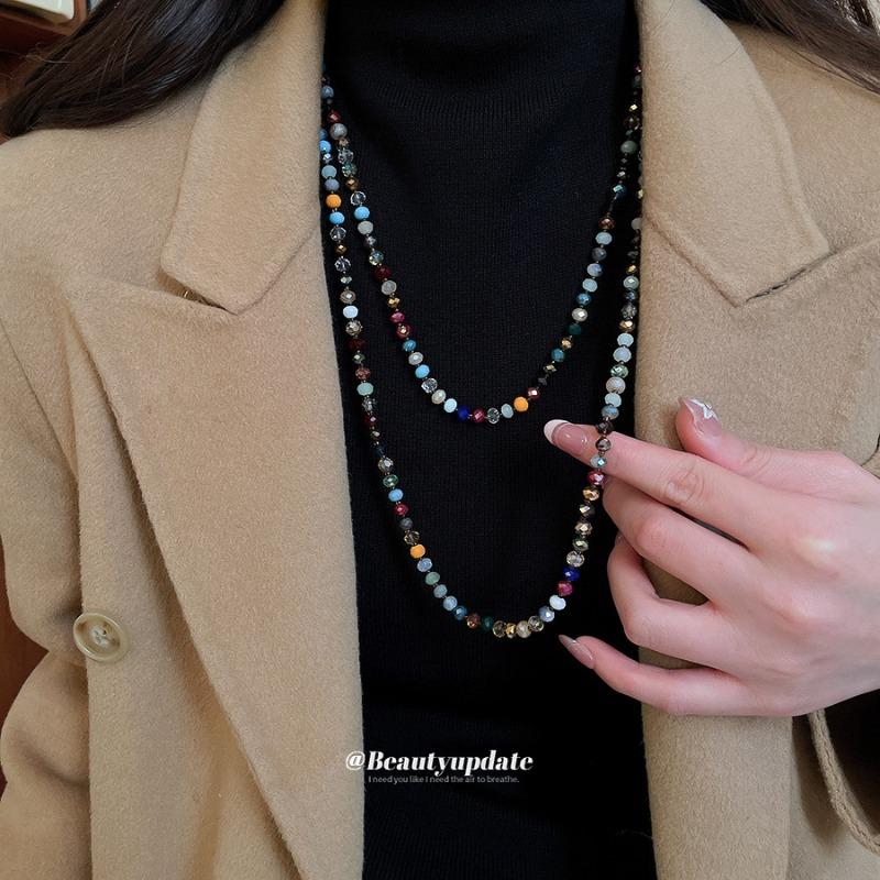 Ethnic style colored crystal beaded necklace Bohemian niche retro sweater chain light luxury high-end neck chain women