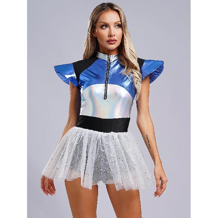 Woman's Outerspace Astronaut Alien Robot Cosplay Costume Metallic Cap Sleeve Tutu Dance Dress for Carnival Festival Halloween