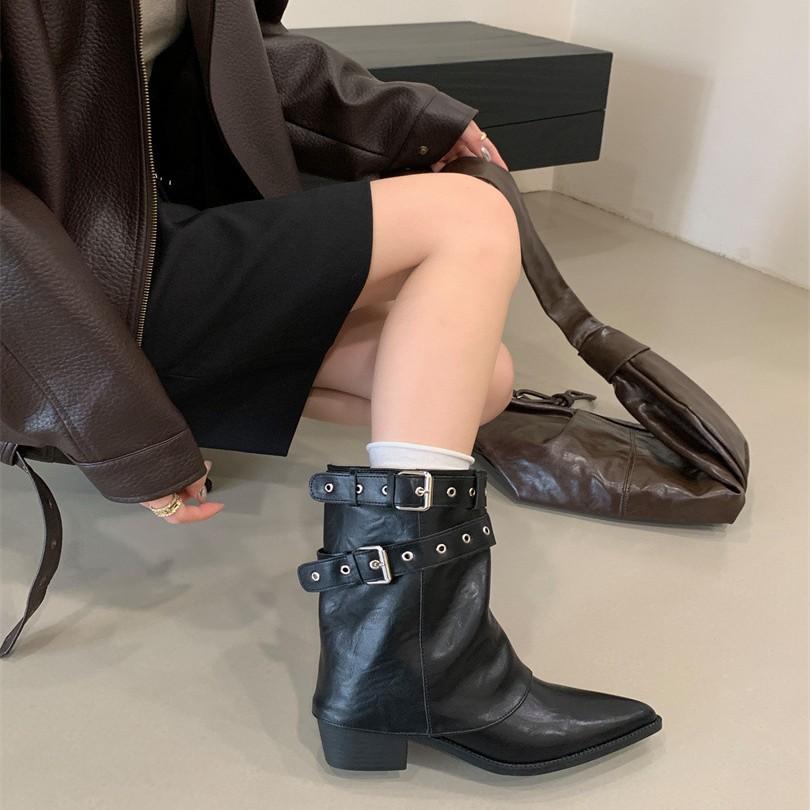 American Spice Girls Belt Buckle Pants Boots Short Boots Women's Boots 2025 Early Autumn New Niche Design Short Boots Western Boots