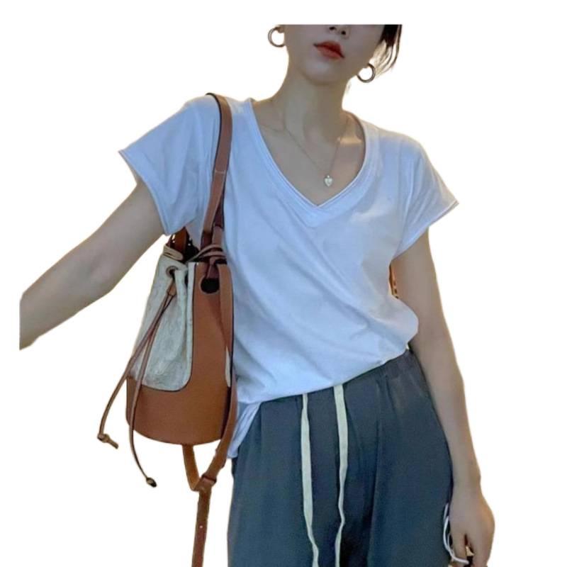 Summer 2026 Women's Slimming Pure White V-Neck Bodycon Casual Short-Sleeve T-Shirt