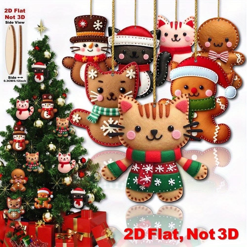 8pcs 2D Flat Gingerbread Cat Tree Toppers -Christmas Ornaments with Hanging Loop Artificial Wood Holiday Decoratio for Xmas Tree