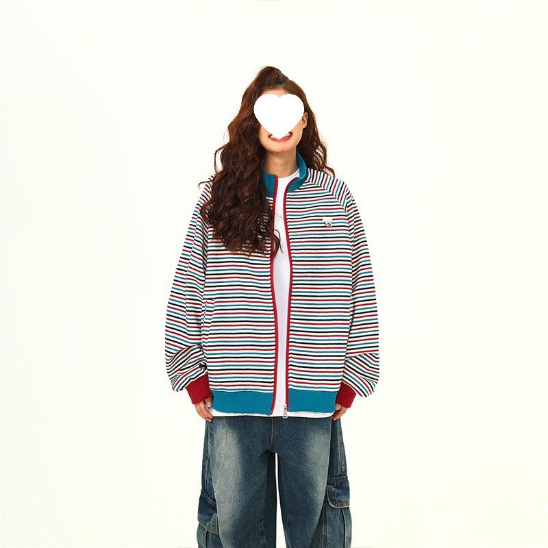 

Женская куртка в стиле ретро в радужную полоску со стойкой - тренд осени 2024 3XL