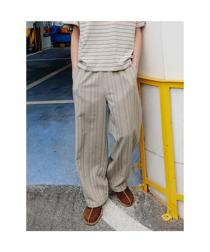 Saendeusaundeu (Unisex) Vertical Stripe Easy Pants Beige