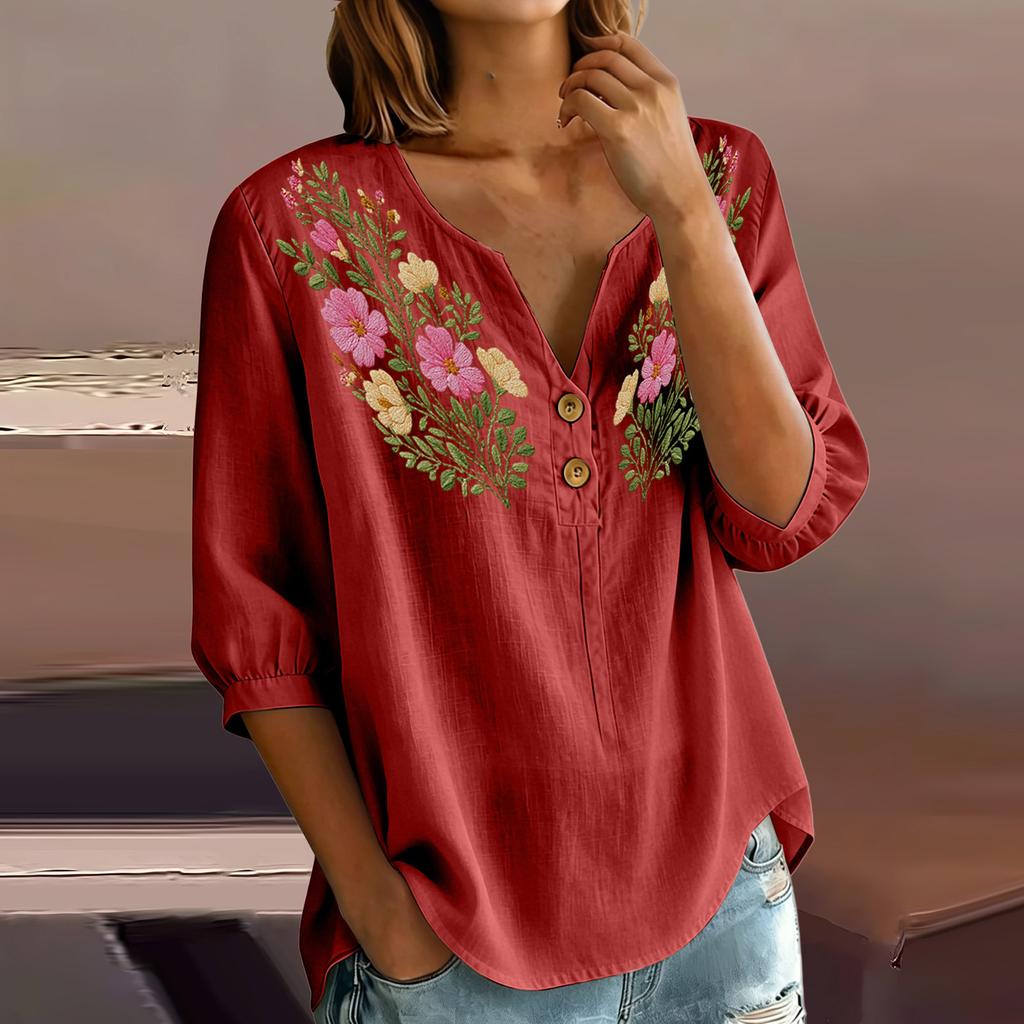 Women Floral Pattern Henley Button Neck Shirt Three Quarter Sleeve Casual Cotton Linen Blouse Lightweight Breathable Top