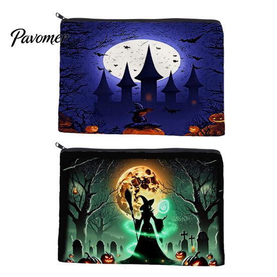 Dark Theme Zipper Bag Storage Bag, with Halloween Witch Castle Print, Large Washable Accessory Capacity Canvas Cosmetic Organizer, for Travel