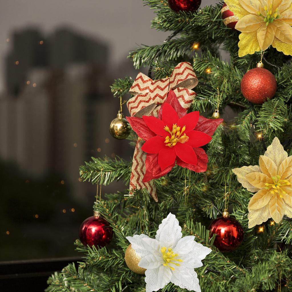 6PCS Christmas Glitter Flowers Yellow Flower Christmas Ornaments for Xmas Holiday Wedding Wreath Party Floral