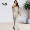 Women Prom Dress Tassel Sleeves Sheath Slim Fit V Neck Solid Color Sequin Fishtail Hem Evening Dress Cocktail Party Maxi Dress