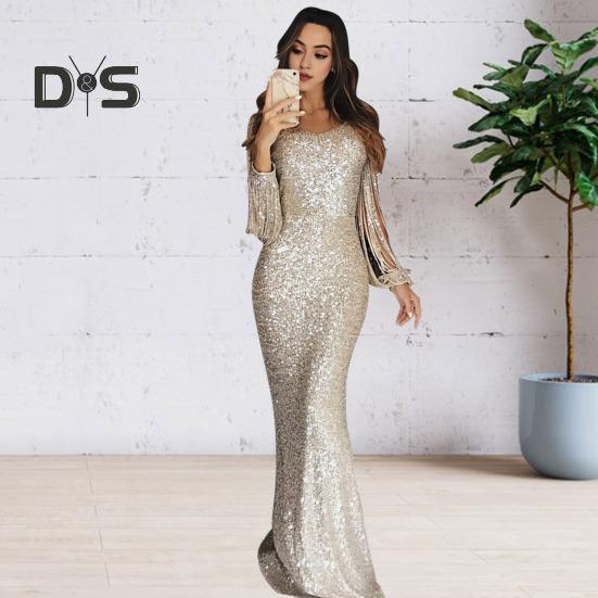 Women Prom Dress Tassel Sleeves Sheath Slim Fit V Neck Solid Color Sequin Fishtail Hem Evening Dress Cocktail Party Maxi Dress