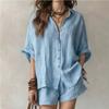 1116 New Summer Solid Color Women's Loose Breasted Shirt Shorts Fashion Casual Suit Large Size Shirt Suit