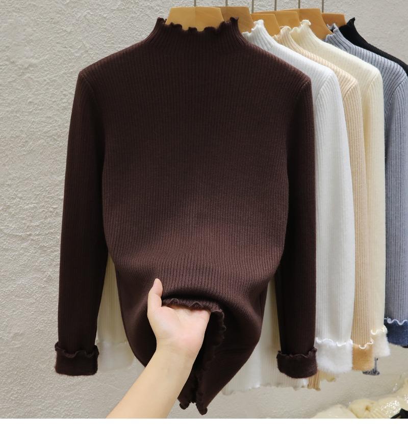 Half High Collar Warm Fleece Pullover Sweaters for Women Autumn and Winter Thick Knitted Sweater Solid Base Long Sleeve Casual Ladies Knitwears 24951