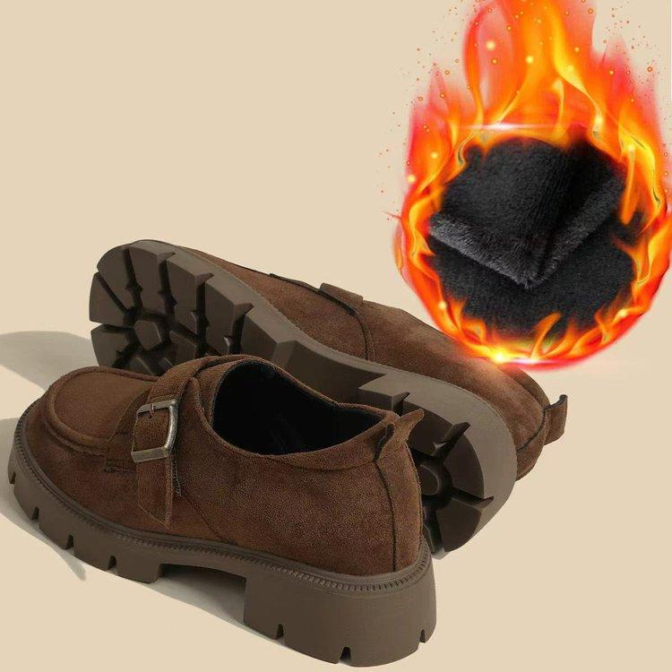 Women's Fleece-Lined Loafers 2025 Winter New Thick-Soled Suede Single Shoes with Invisible Internal Height Increase for Women