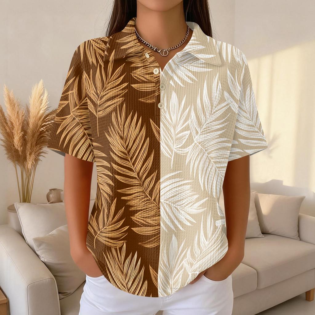Women Casual Short Sleeve Hawaiian Print Waffle Knit Polo Shirt Lightweight Breathable Summer Top with Button Down Collar