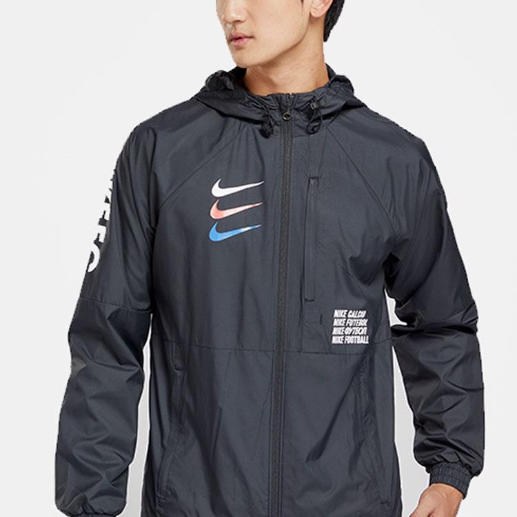 Nike FC. Herren Woven Kapuzenjacke mit durchgehendem Reißverschluss Atmungsaktive Fußball Sportjacke Schwarz CD6771-011