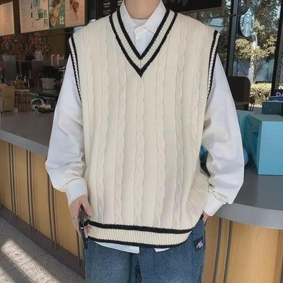 Męski sweter w stylu retro z dekoltem w serek i college'u - luźny, kontrastowy kolor, skręcony design na jesień/zimę