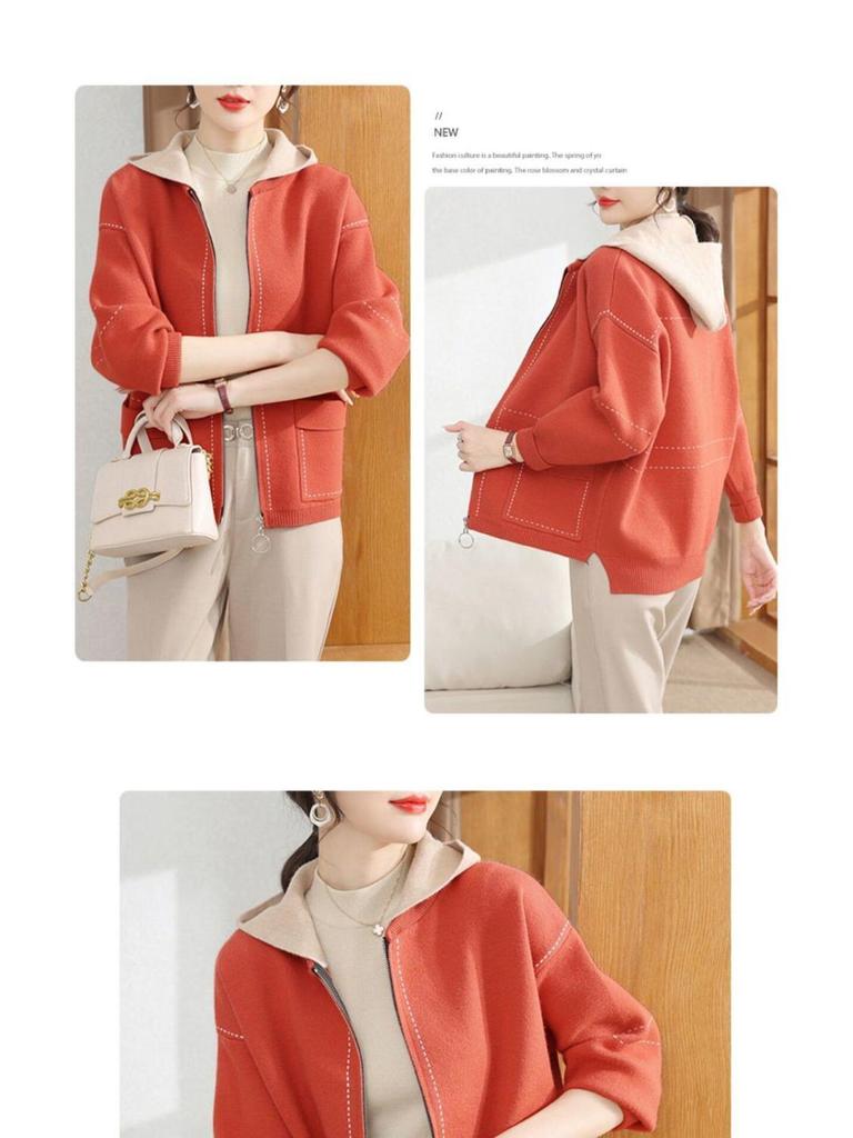 2024 Spring & Autumn Knitted Hooded Cardigan for Middle-Aged & Elderly Women