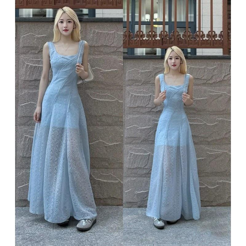 French feeling blue suspender dress women's summer great look beautiful waist thin temperament a word long dress