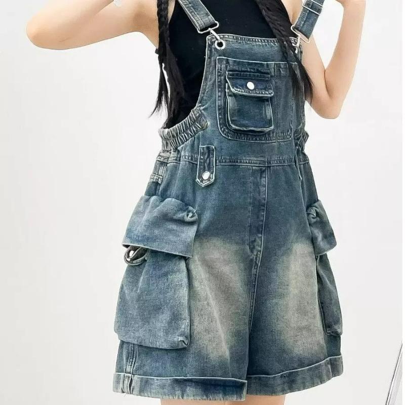 Pantalones de Peto Vaqueros Vintage Americanos para Mujer Moda Pierna Ancha Mono Ajuste Delgado Diseño Holgado Estilo Juvenil Mono Corto