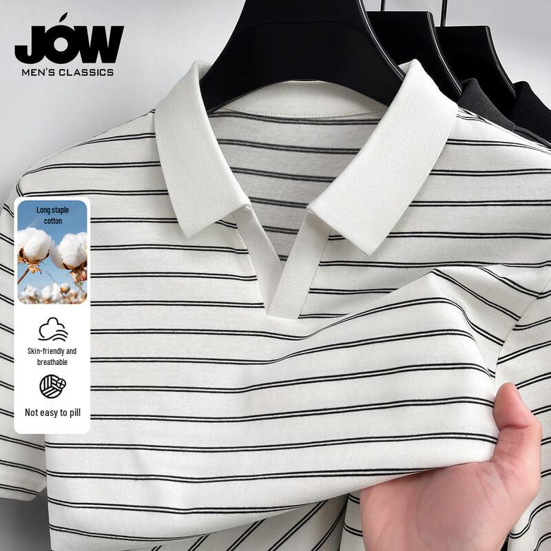 JOW Men s Fine Combed Cotton Zipper Collar Striped Short Sleeve POLO Shirt 3XL