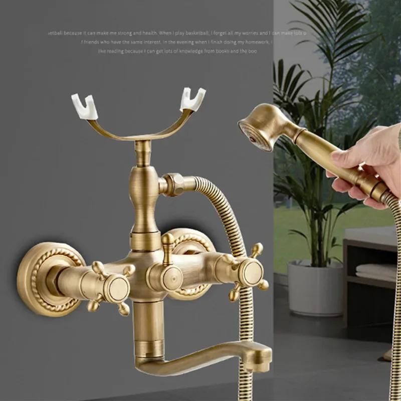 Rubinetteria per Bagno in Ottone Antico Set Doccia a Parete Miscelatore per Lavabo Bagno Rubinetto a Rubinetto con Doccetta Set Rubinetto Doccia per Vasca