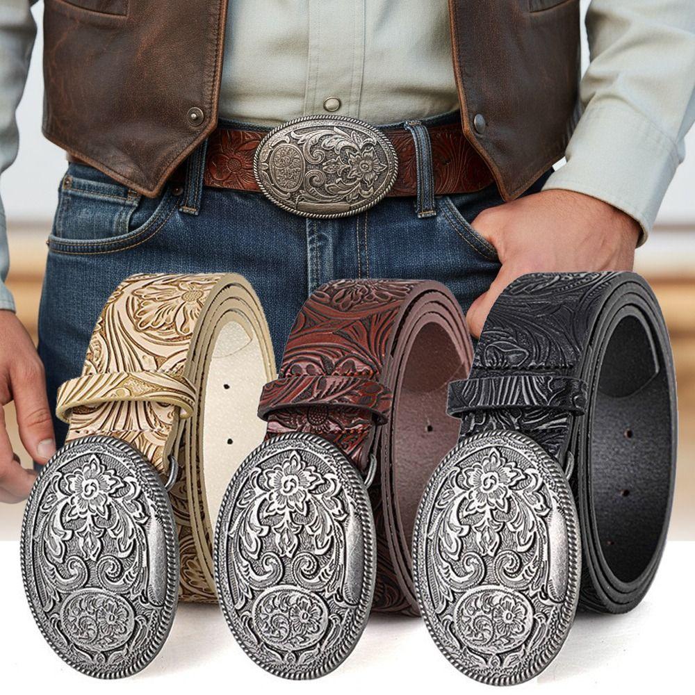Trendy PU Leather Western Cowboy Belt Vintage Retro Waistband Punk Rock Y2K Carved Buckle Embossed Belt For Man Women