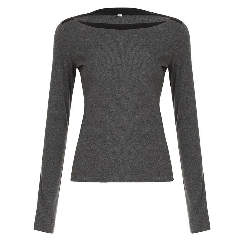 

Женская контрастная по цвету А-образная блузка с воротником-стойкой, утягивающая, простая, Spice Girl, повседневная, с длинными рукавами L темно-серого