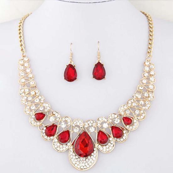 2ks/sada Přehnané náušnice s ušlechtilým náhrdelníkem Vícebarevné náušnice s přívěskem z umělého drahokamu