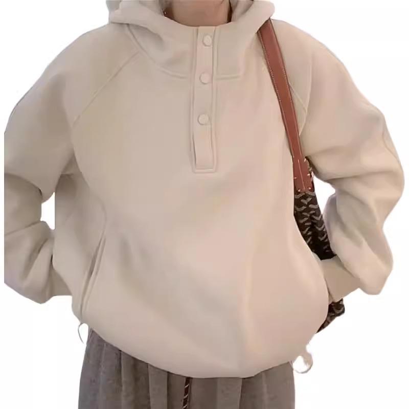 Women's Gray Fleece-Lined Hoodie - 2025 New Style, Autumn/Winter Casual, Loose Fit, Versatile Thick Outerwear